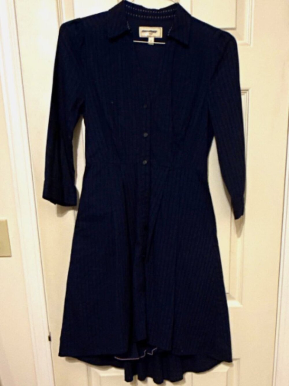 Moulinette Soeurs Navy Striped Hi-Low Shirt Dress Collared 3/4 Sleeve Pockets 0